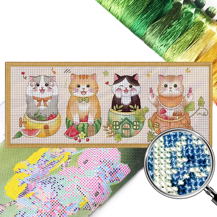 Silk-Sifang Lucky Cat (98*42cm) 11CT Stamped Cross Stitch gbfke