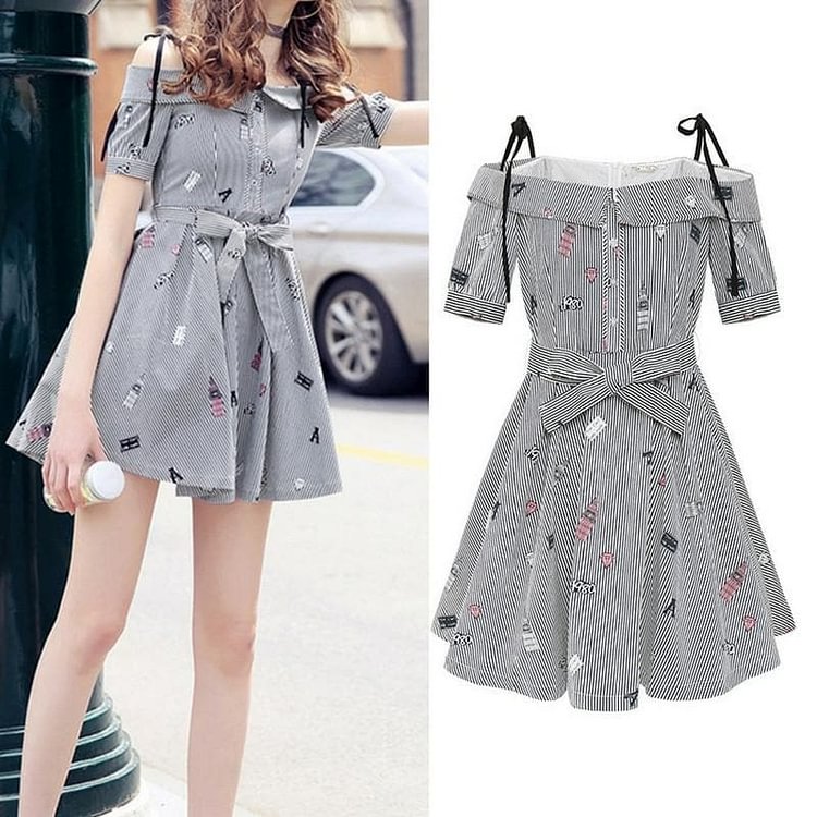Black White Stripe Bowknot Suspender Dress SP179458