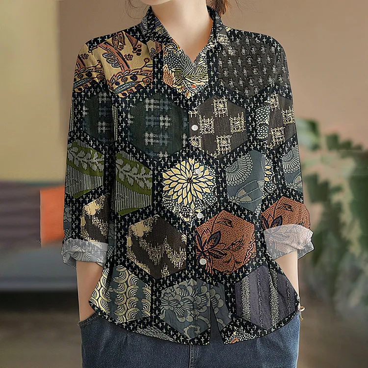 Comstylish Vintage Geometric Flower Print Long-Sleeved Casual Shirt