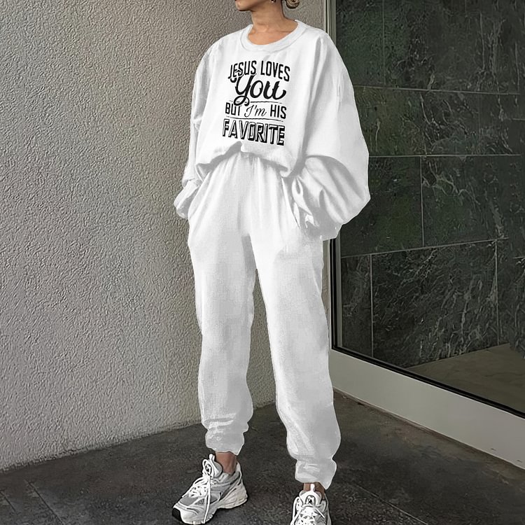 Comstylish Jesus Loves You But I'M His Favorite Print Sweatshirt Two Piece Set