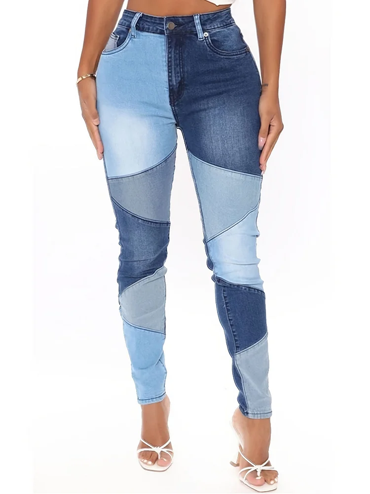 Patchwork Mid Waist Denim Pants, Colorblock Slash Pockets Stretchy Denim Jeans, Women's Denim Jeans & Clothing