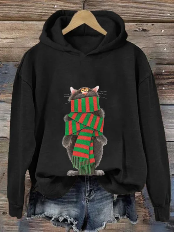 Women's Casual Standing Scarf Cat Graphic Print Hooded Sweatshirt