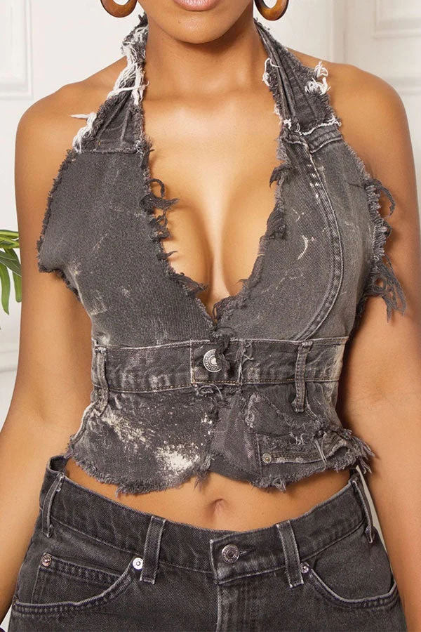 Patchwork Hot Lace-Up Backless Denim Camisole