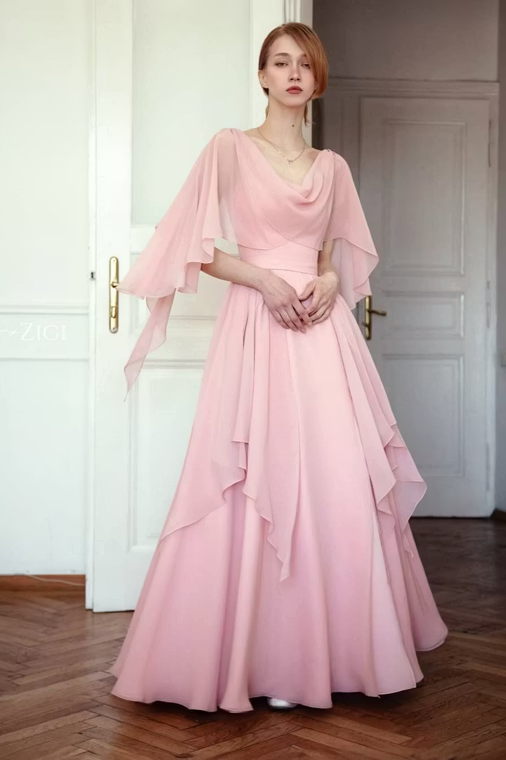 long sleeve mid length formal dress Graceful Pink Ruffles Chiffon A-Line Sleeves Prom LR0528 cocktail dress with sleeves