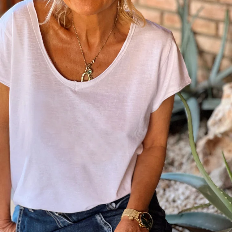 Women's Simple Solid Color V-Neck Short Sleeve Loose T-Shirt socialshop