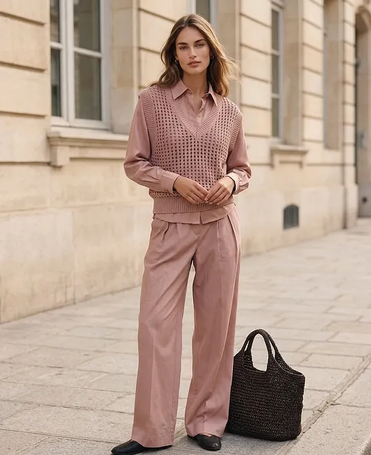 Women's 3-piece Set Featuring A Casual Dusty-pink Woven Shirt And A Knitted Openwork Vest MD