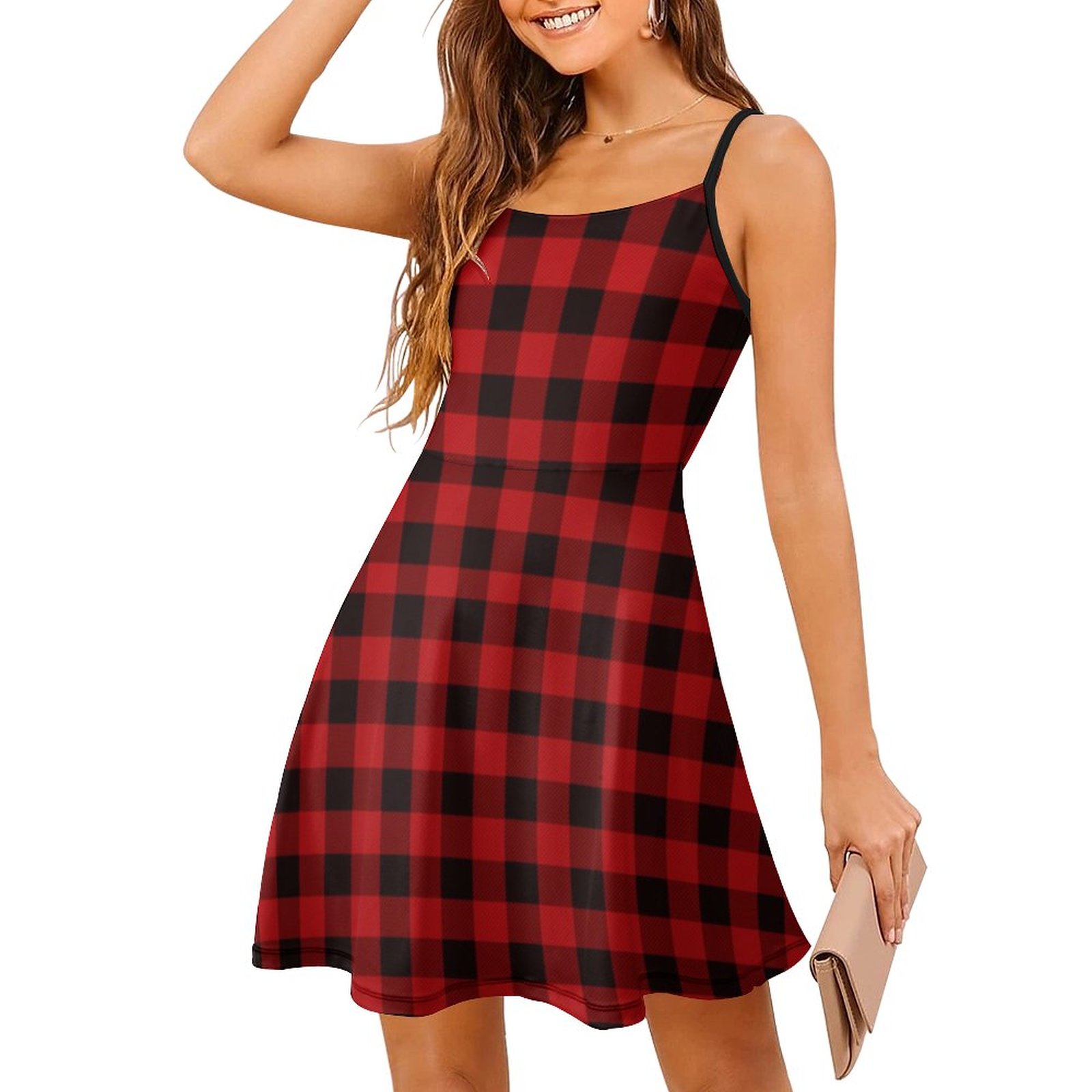 Red Buffalo Check Plaid for Lady Boho Hawaiian Spaghetti Strap Mini Cami Dress Red & Plaid-M Red Buffalo Check Plaid for Lady Boho Hawaiian Spaghetti Strap Mini Cami Dress Red & Plaid-M