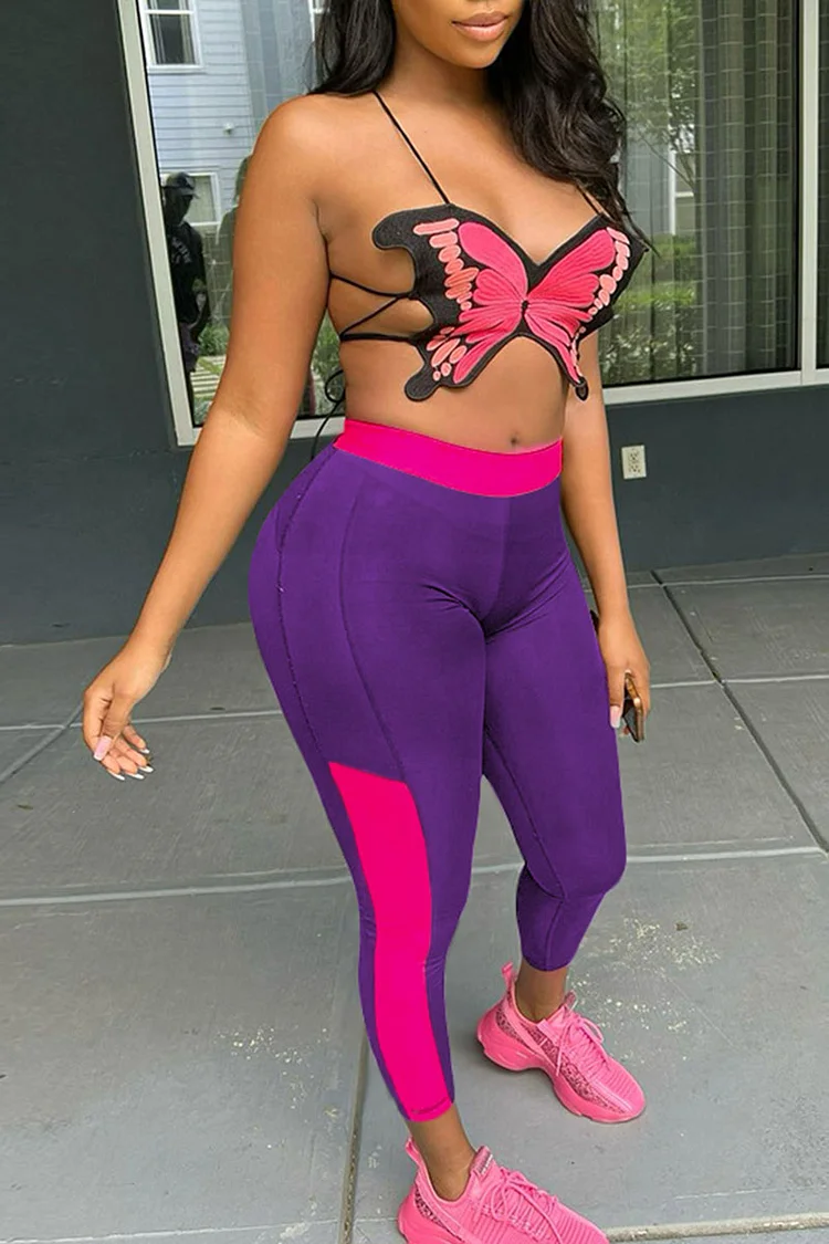 Purple Sexy Print Bandage Patchwork Backless Sleeveless Two Pieces