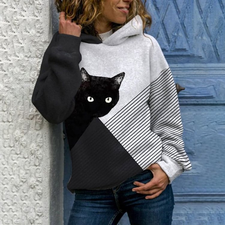 Vefave Contrast Stripe Panel Cat Print Casual Hoodie