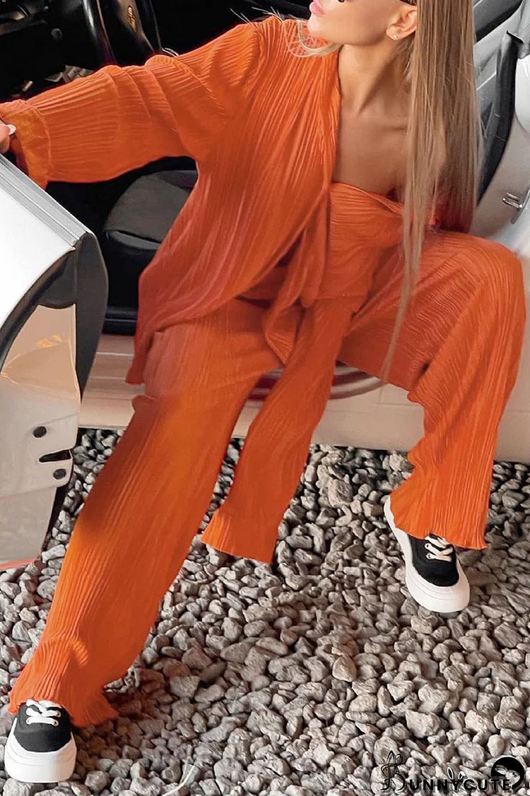 Orange Casual Solid Patchwork Buckle Fold Turndown Collar Long Sleeve Two Pieces
