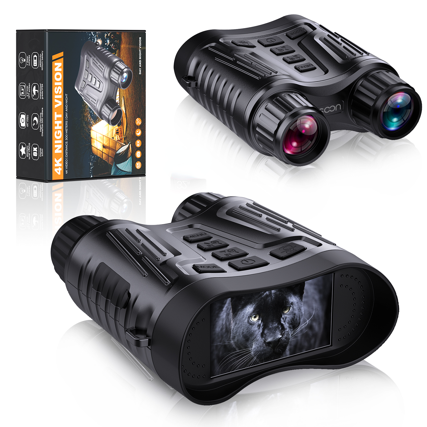BekinTek 4K Night Vision Binoculars Rechargeable Digital Telescope Infrared Night View Goggles Full Dark Observing Starlight Sensor 7x IR 8x Zoom 3.2 Inches HD Screen 4K Video 36M Photo 4 Color Effect Support 360P ENV 2