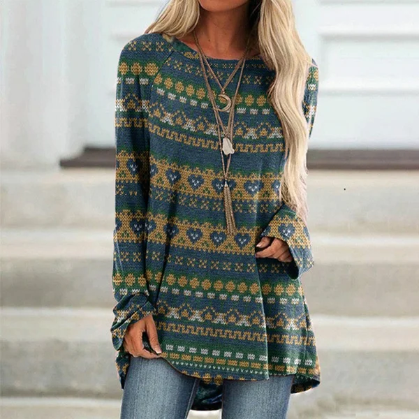 Vefave Fairman Island Vintage Sweater Pattern Print Crew Neck Tunic