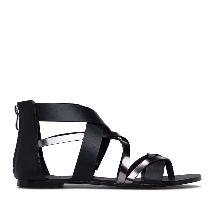 Women's Black Gladiator Sandals Open Toe Flats Summer Sandals |FSJ Shoes