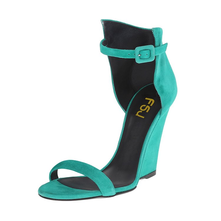 Teal Shoes Suede Wedge Heel Ankle Strap Sandals by FSJ |FSJ Shoes