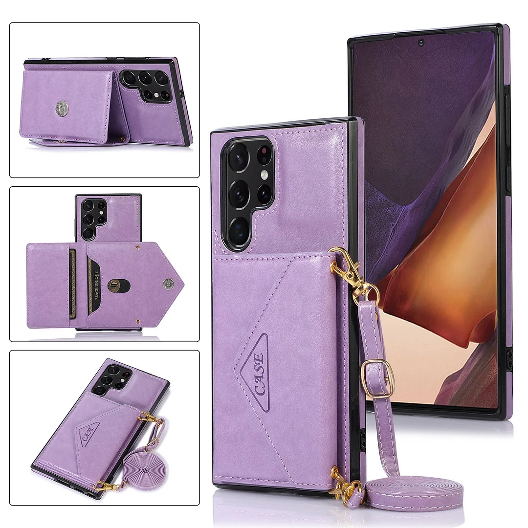 Triangle Crossbody Multifunctional Wallet Card Leather Case With Kickstand And Lanyard For Galaxy S22/S22+/S22 Ultra/S23/S23+/S23 Ultra