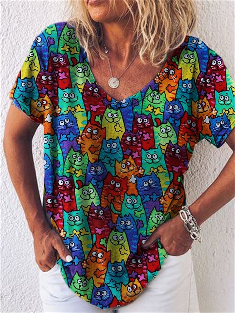 Comstylish Lovely Colorful Cats V Neck T Shirt