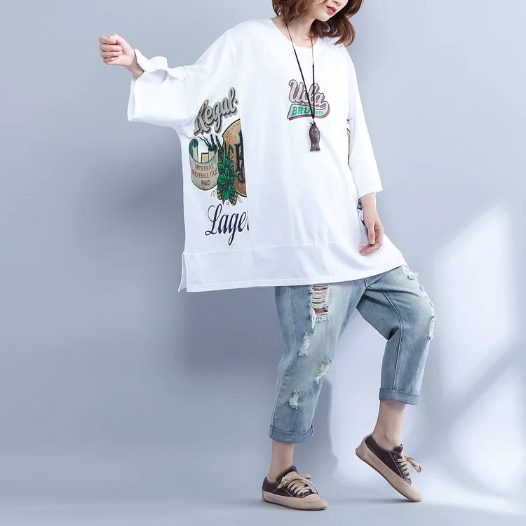 stylish white cotton waist coat plus size cotton maxi t shirts vintage print side open alf sleeve baggy tops cotton shirts