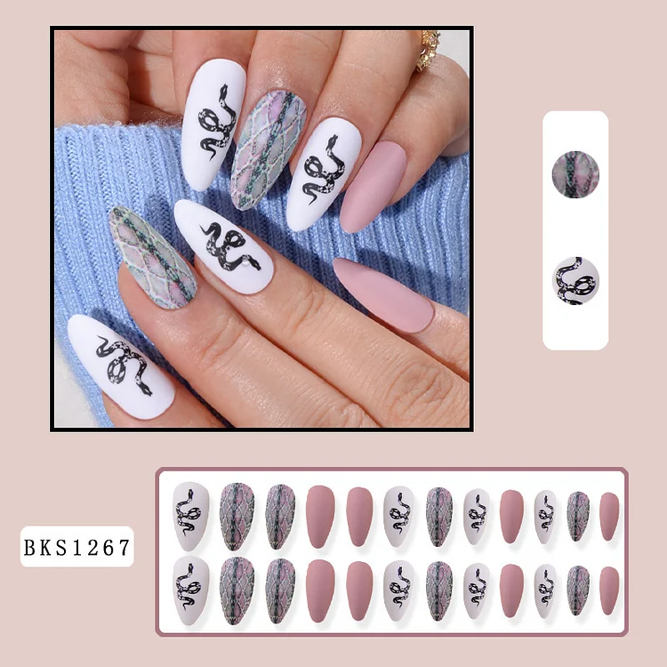 Black and White Snake Pattern Frosted Wear Nail Nail Tip Finished Product Mid-Length Almond Nail Fake Nails Nail Tip Manicure Wear Nail