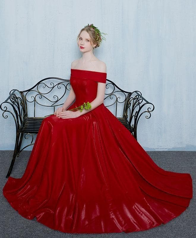 Burgundy Off Shoulder Long Prom Gown, Formal Dress
