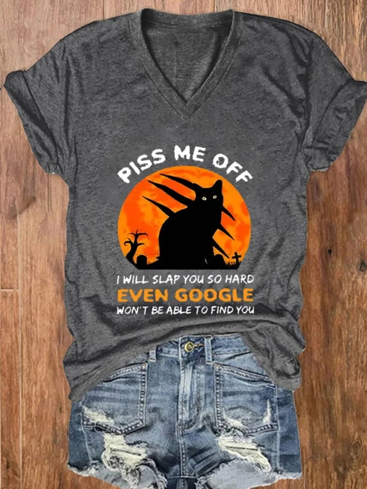 Vefave Halloween Piss Me Off Black Cat Print T Shirt
