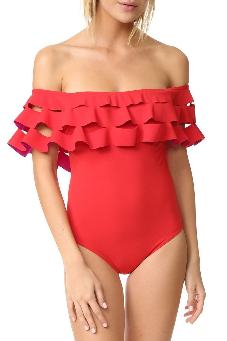 Red Layered Ruffle Off The Shoulder One Piece Swimsuit - Shop Trendy Women's Clothing | LoverChic