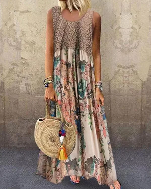 Paneled Geometric Floral Print Sleeveless Vintage Maxi Dress