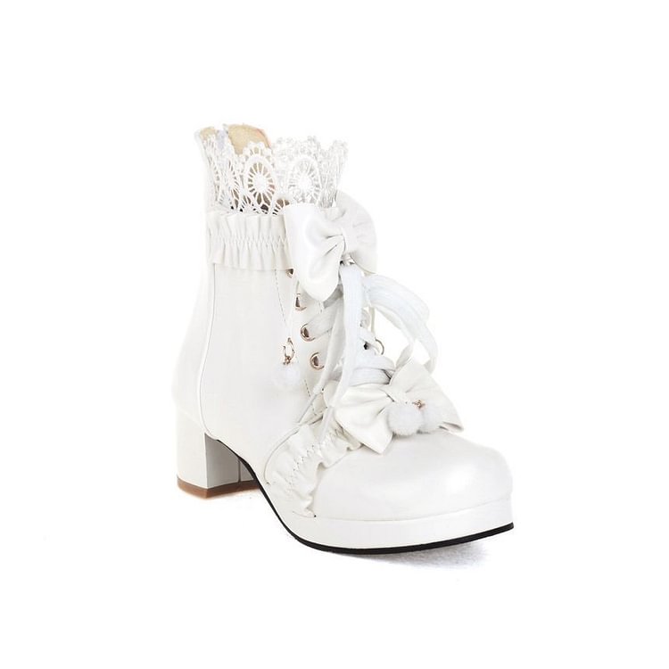 Ribbon Platform Chunky-Heel Lace-Up Short Boots YP255