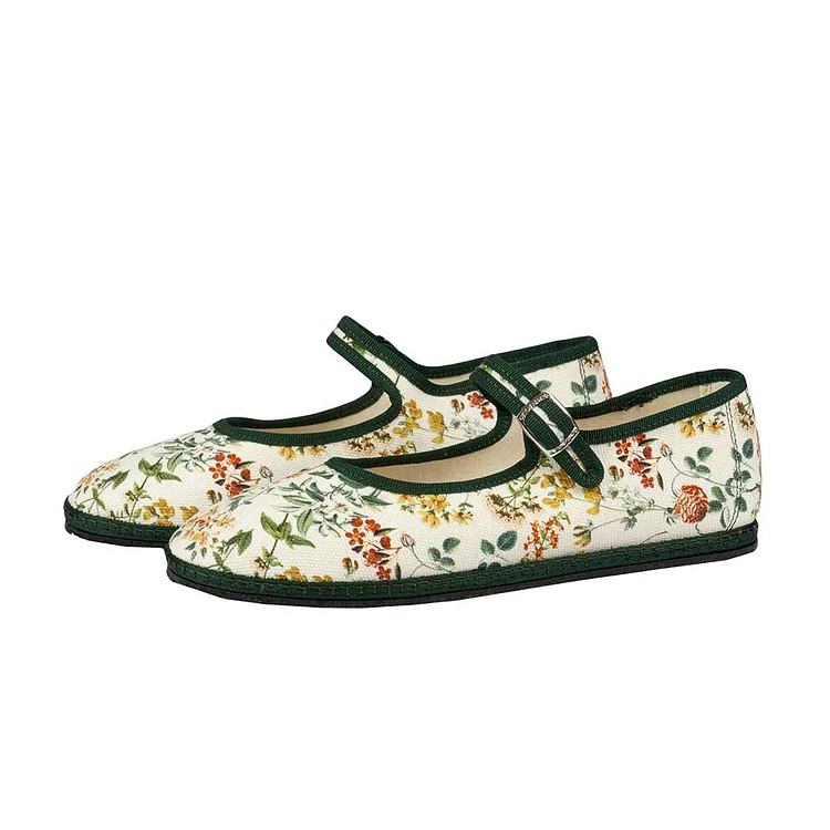 Women's Light Beige Vintage Floral Print Flat Mary Jane Shoes |FSJ Shoes