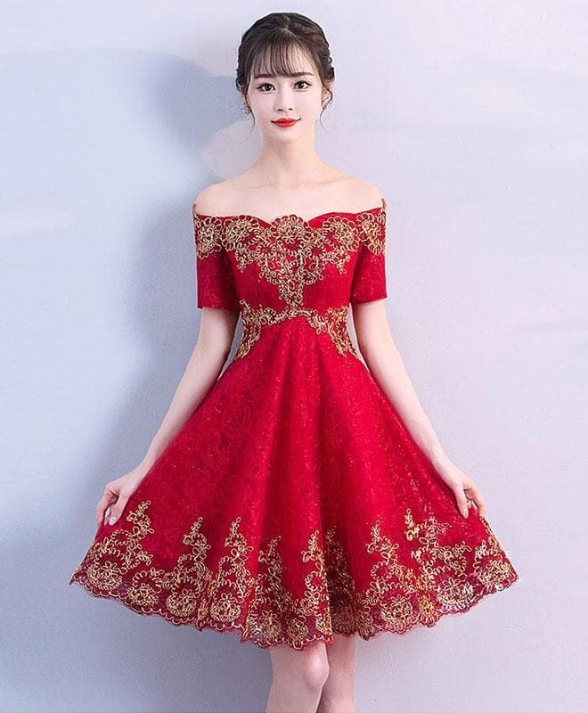 Burgundy Off Shoulder Tulle Lace Short Prom Dress, Burgundy Evening Dress
