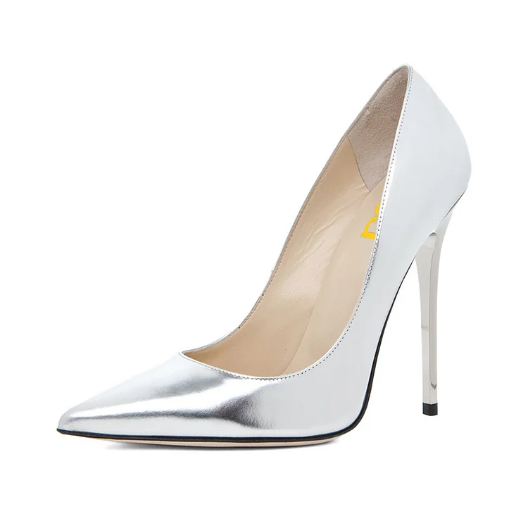 Silver Metallic Heels Pointy Toe Stiletto Heel Pumps for Office Lady |FSJ Shoes