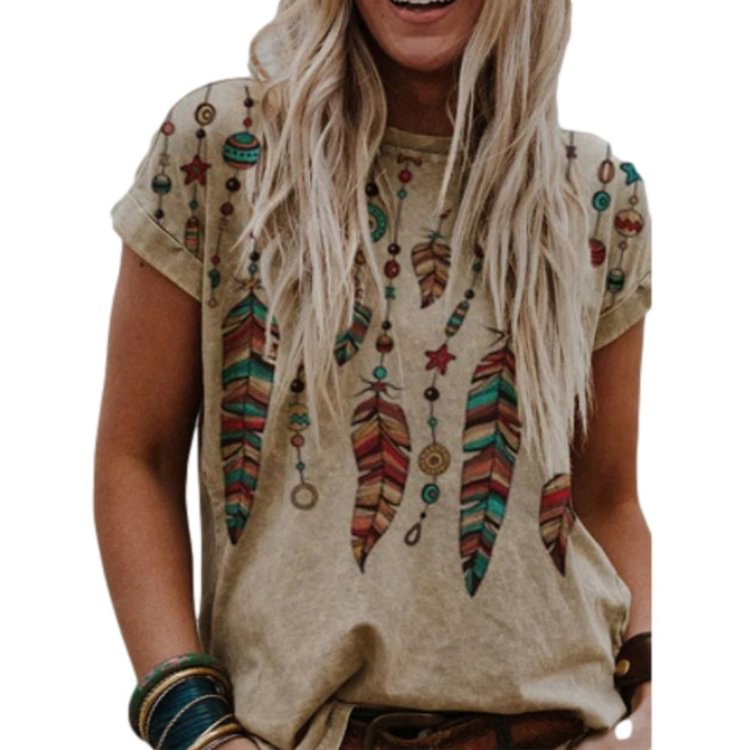 Western Style Round Neck Short-Sleeved T-Shirt