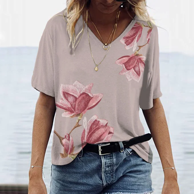 Comstylish Women's Retro Blossom Print Short Sleeve Casual T-Shirt