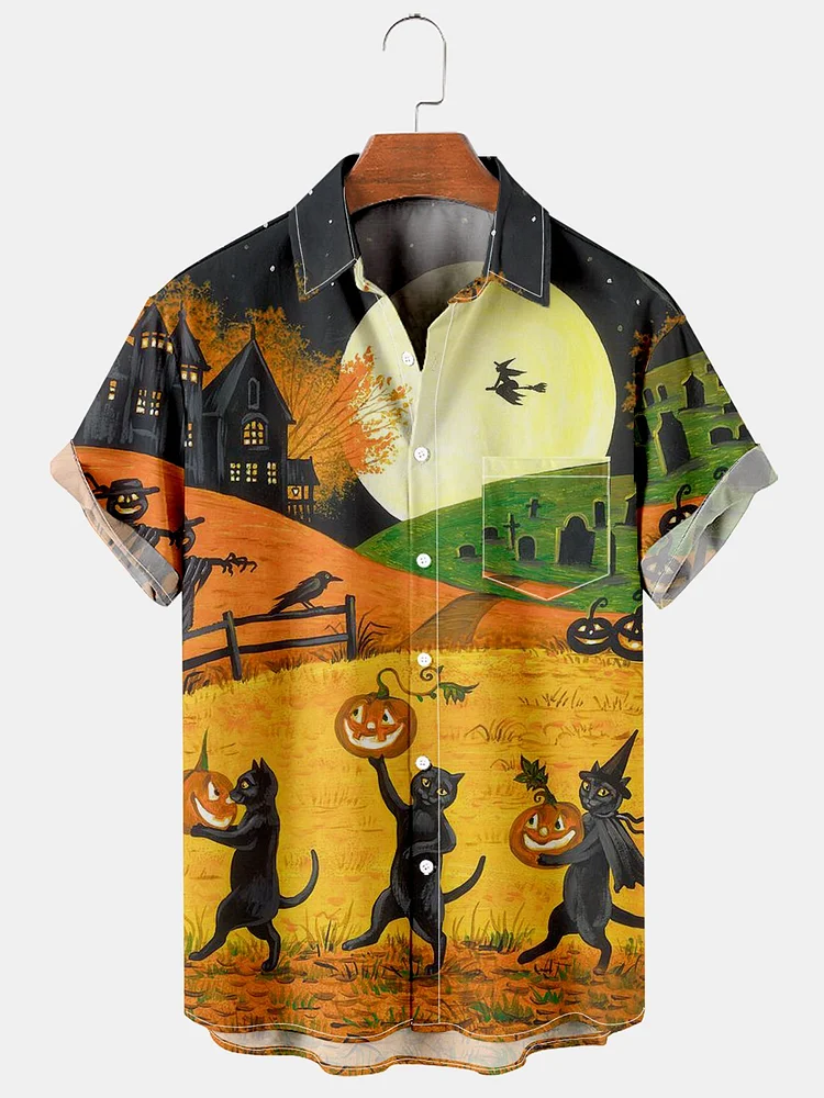 Men's Simple Casual Halloween Pumpkin Cat Print Shirt socialshop