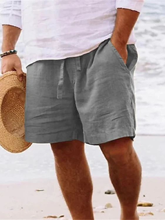 Men's Plain Straight Leg Cotton And Linen Beach Shorts