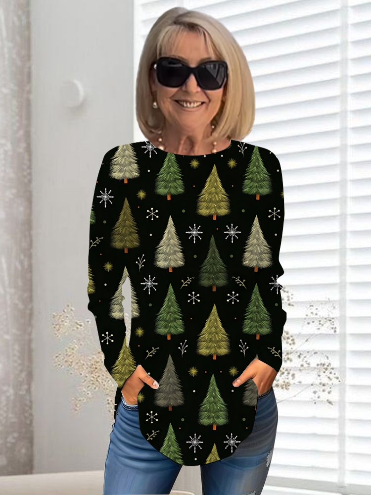 Print Crew Neck Longsleeved Tshirt Top Festive Women's Christmas — free download