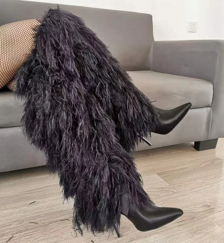 Black Faux Fur Boots Pointy Toe Heels Knee-high Boots Women Shoes
