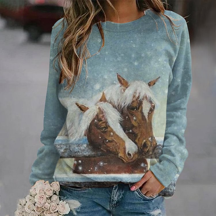 VChics Christmas Horse Animal Round Neck Long Sleeve Sweatshirt