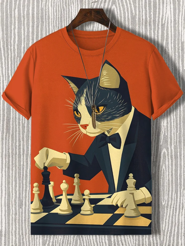 Men's Cat Playing Chess Print Casual T-Shirt