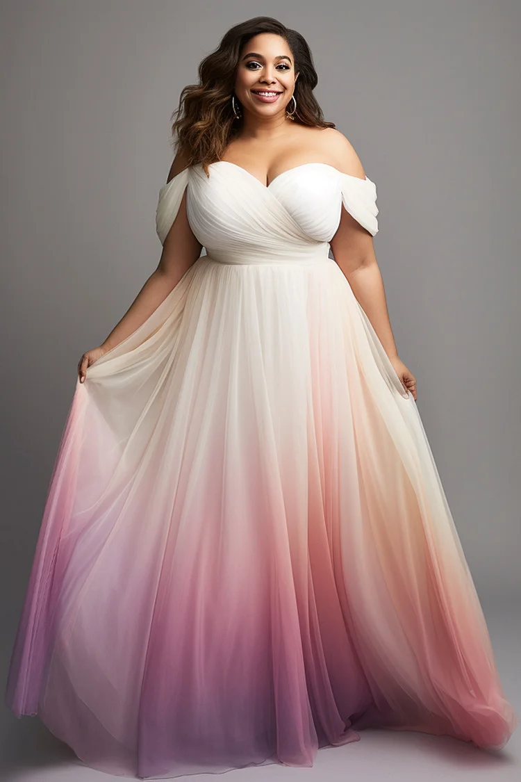 Xpluswear Design Plus Size Formal Bridesmaid Elegant Pink Gradient Off The Shoulder Tulle Maxi Dresses 