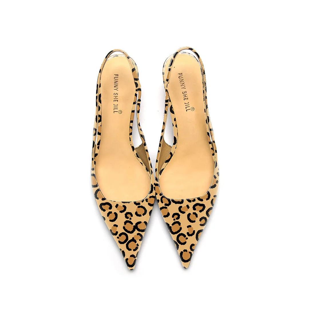 Almond Leopard Print Patent Leather Pointed Toe Elegant Kitten Heel Slingback Dress Pump Shoes Nicepairs