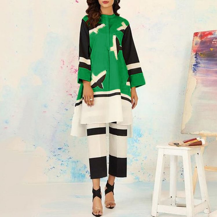 VChics Color Block Printed Tunic And Pants Two-piece Set