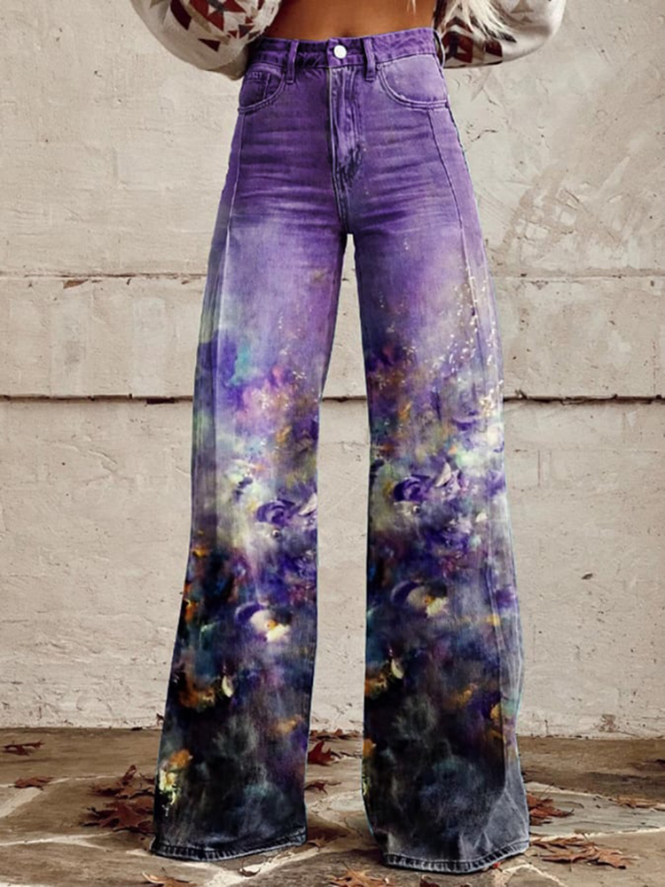 Comstylish Women's Vintage Oil Painting Floral Casual Wide Leg Jeans