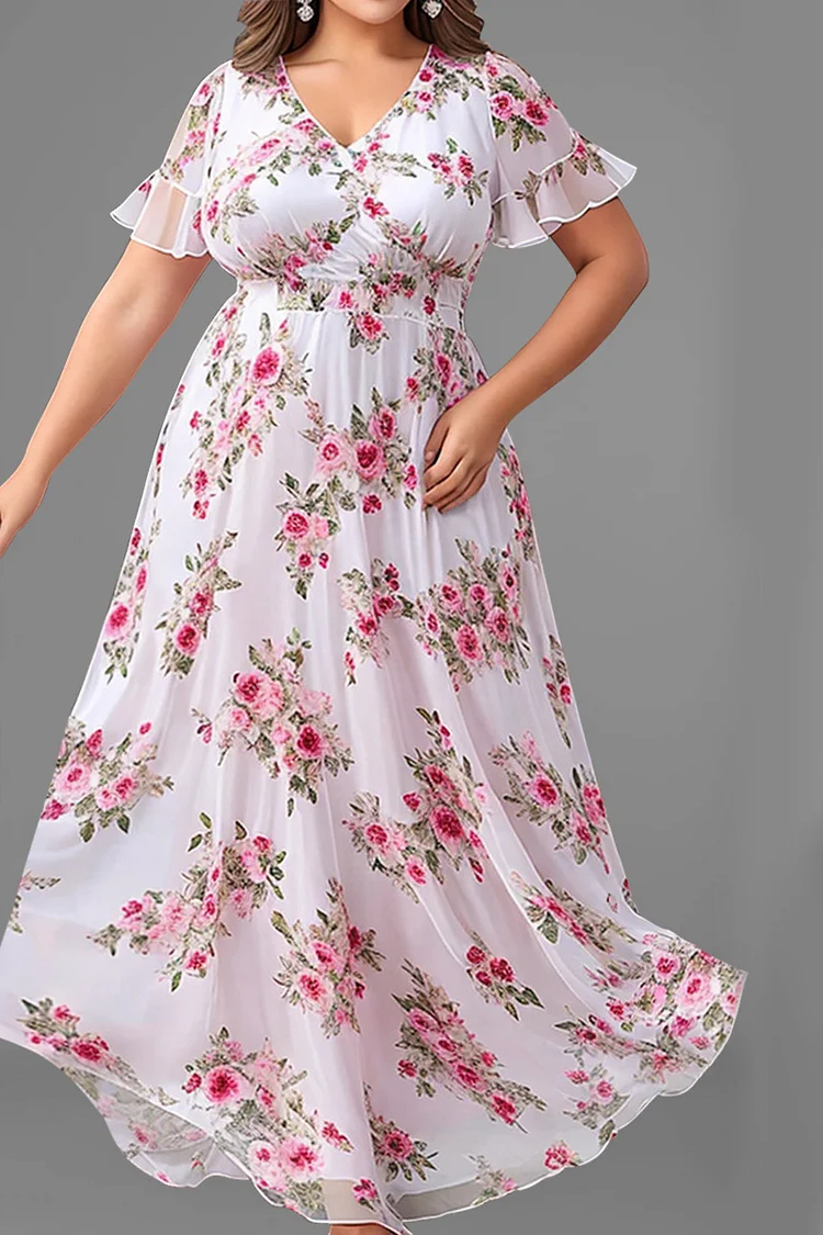 Flycurvy Plus Size Casual Pink Chiffon Floral Print Ruffle Sleeve V Neck Tunic Maxi Dress  Flycurvy [product_label]