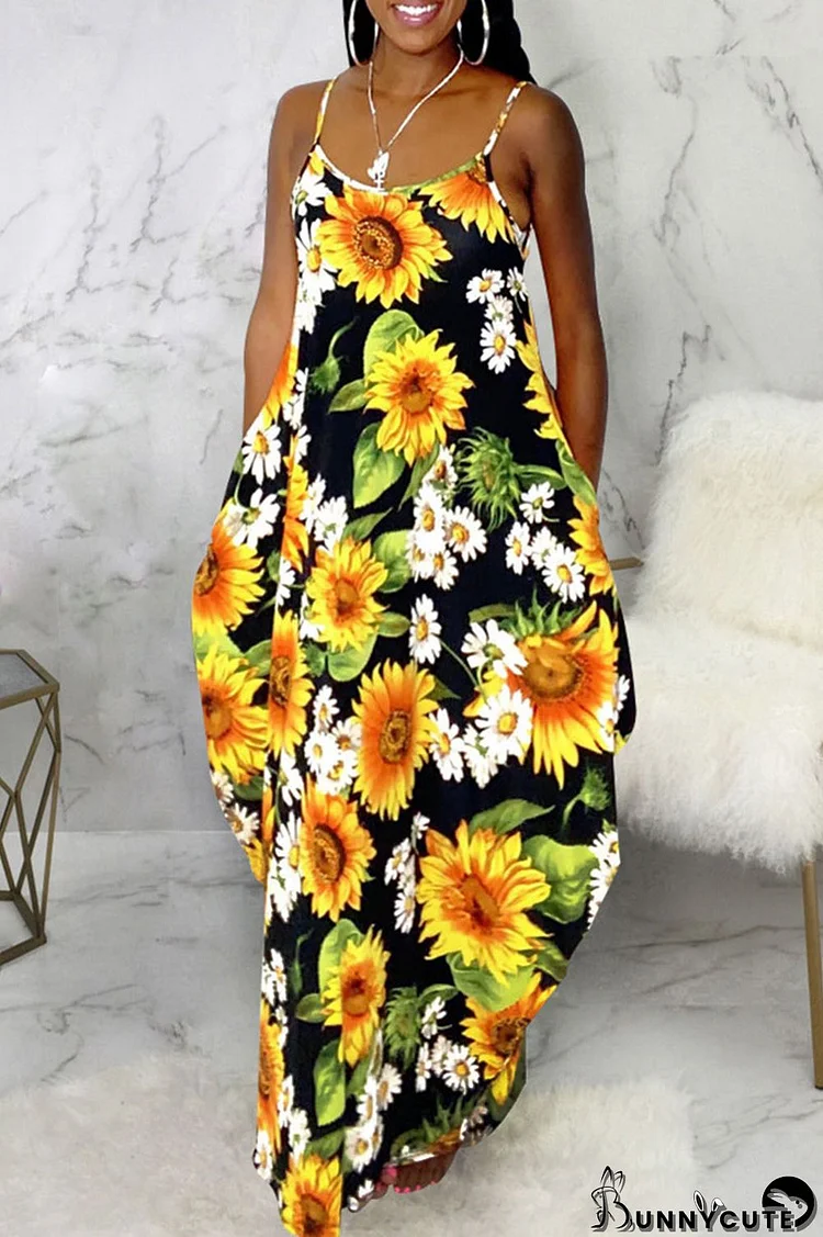 Black Casual Print Split Joint Spaghetti Strap Sling Dress Dresses
