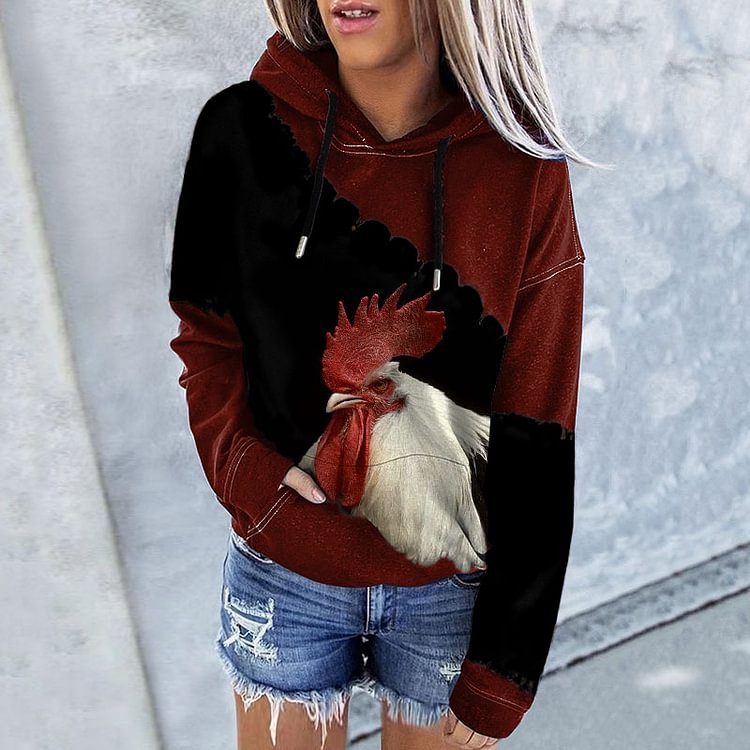 Vefave Long Sleeve Colorblock Chicken Print Hoodie