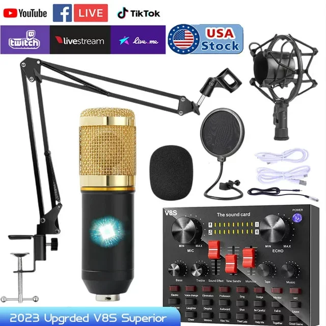 Podcast Microphone Bundle Upgrade V8S Superior Live Sound Card BM-800 Condenser Microphone W/Upgraded Chip with Muti-Functional Bluetooth DJ Mixer for Studio Recording & Broadcast