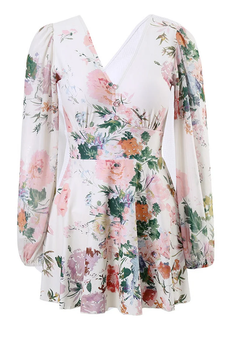 1950s White Vacation Floral Print V Neck Long Sleeve One Piece Swimsuit