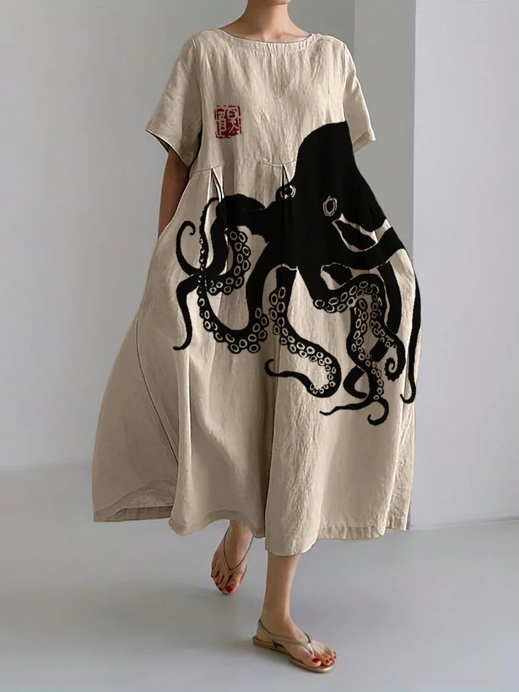 Comstylish Octopus Japanese Lino Art Linen Blend Maxi Dress