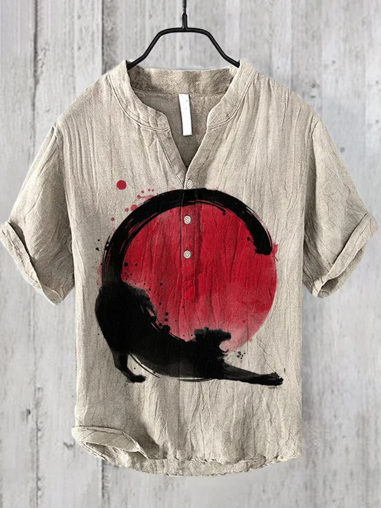 Comstylish Sunrise And Cats Japanese Art Linen Blend Shirt
