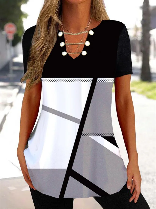 Women's Graphic Geometric Printed Short Sleeve V-neck Top